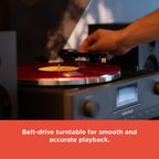 RadioShack Professional Turntable with Speakers  3-Speed Belt-Drive Vinyl Player  Bluetooth Input and Output  FM Radio  CD and USB Playback  Detachable Speakers  Anti-Skating System  Model 4001798