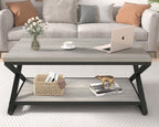 HSH Rustic Grey Coffee Table, Modern Minimalist Living Room Table with Storage Shelf, Industrial Simple Metal Wooden Center Table, 2 Tier Rectangle Cocktail Tea Table for Home Office Bedroom, 39 Inch
