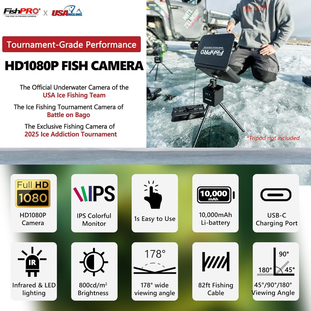 FishPRO® 2026 Upgrade NO.1 HD 1080P Underwater Fishing Camera 7'' IPS- w/10 000mAh (Ease to Use) Ice Fishing Camera Underwater  Fish Finder Camera for Ice Lake Boat Fishing w/USB-C  LED+IR  82ft