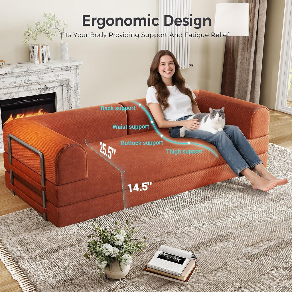 Folding Sofa Bed, Convertible Sleeper Couch, 78 Inch Oversized Corduroy Upholstered Boneless Couch, Loveseat Sleeper with Pull Out Bed, Floor Sofa Modular Futon Couch for Living Room Bedroom