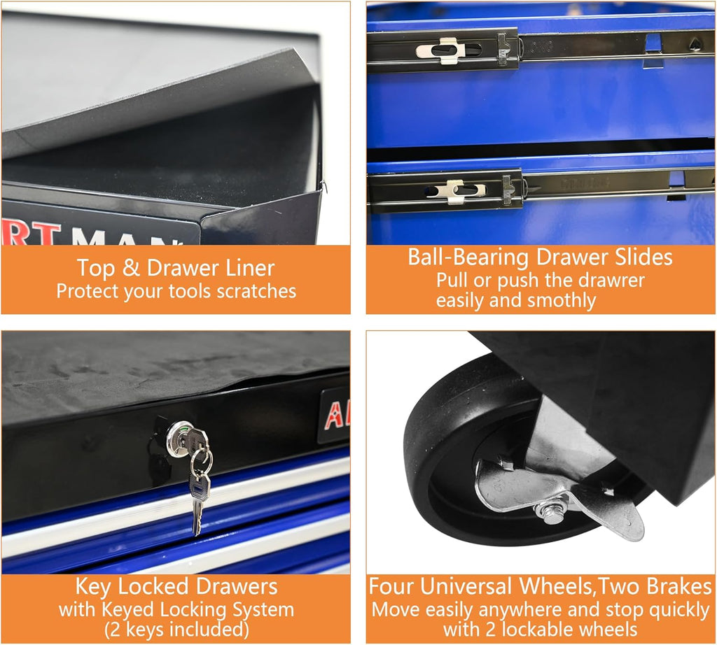 7-Drawer Tool Cart on Wheels, Drawers Rolling Tool Chest with Key Lock, Mobile Trolley Organizer Tools Box with Locking Wheels & Ball Bearing Drawers for Garage,Repair Shop (Black&Blue)
