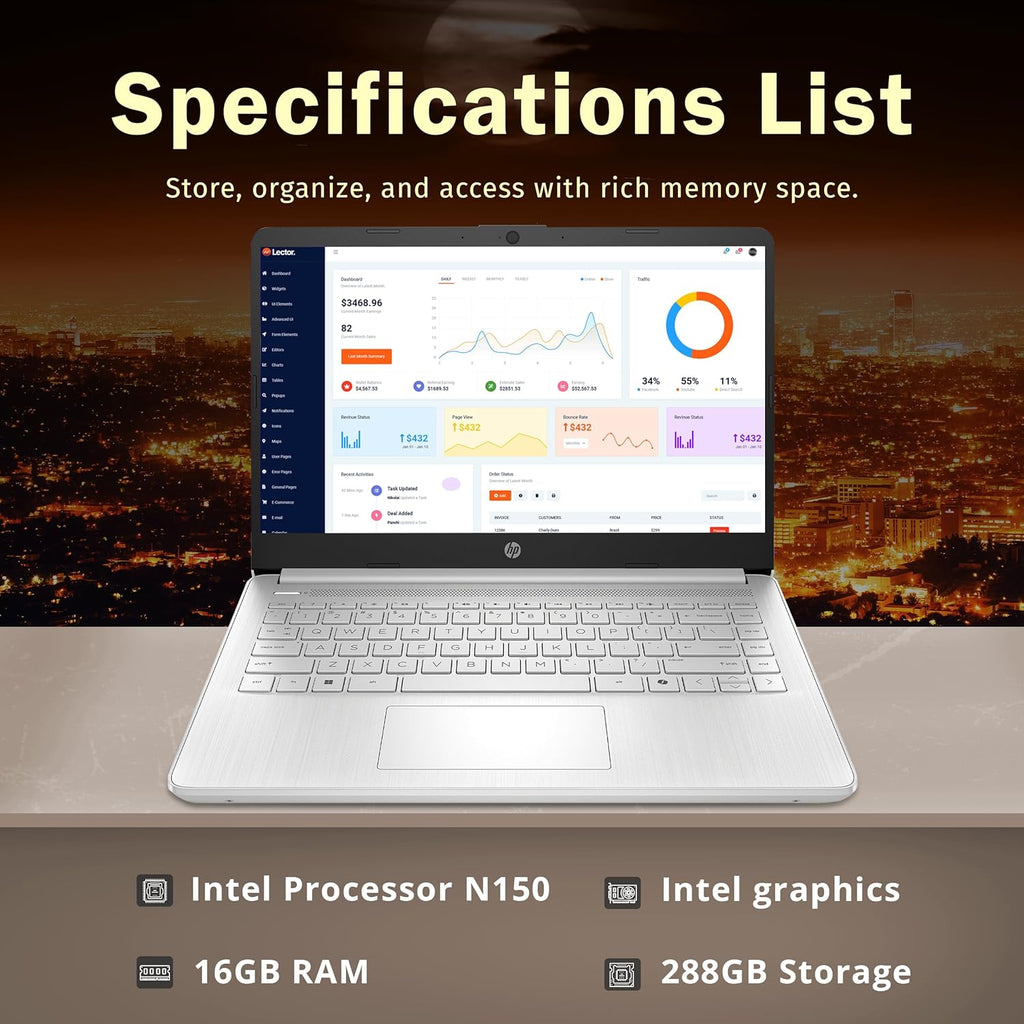 HP Stream 14" HD BrightView Laptop  Intel Celeron N150  16GB RAM  288GB Storage (128GB UFS + 160GB Docking Station Set)  Intel UHD Graphics  720p Webcam  Wi-Fi  1 Year Office 365  Win 11 S  Silver