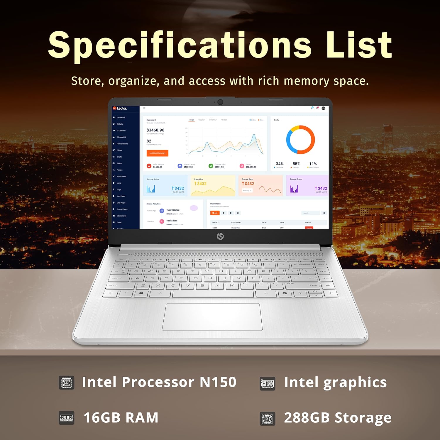 HP Stream 14" HD BrightView Laptop  Intel Celeron N150  16GB RAM  288GB Storage (128GB UFS + 160GB Docking Station Set)  Intel UHD Graphics  720p Webcam  Wi-Fi  1 Year Office 365  Win 11 S  Silver