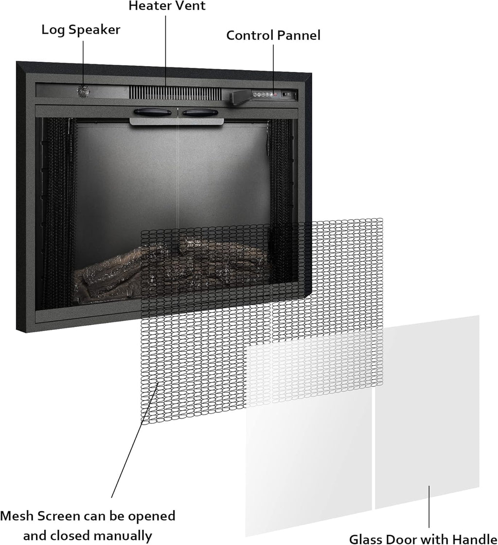 Benrocks 36” Electric Fireplace Inserts with Glass Door and Mesh Screen, Multicolor Flames & Fire Crackling Sounds, Timer, Overheating Protection Fireplace Heater, 750/1500W
