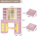 Makeup Vanity Desk with HD Lighted Mirror & Power Outlet, Glass Top Vanity Table Set with Storage Drawers & RGB Cabinets, Large Dressing Table with 3 Lighting Modes for Bedroom Women Girls Kids, Pink