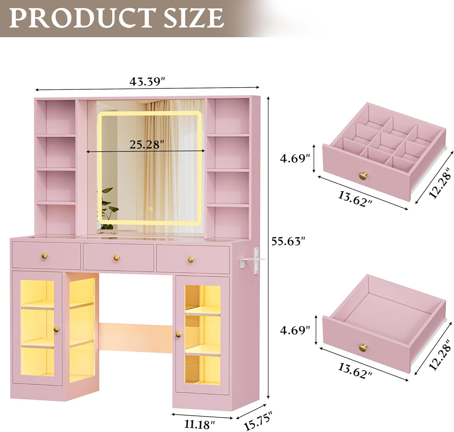 Makeup Vanity Desk with HD Lighted Mirror & Power Outlet, Glass Top Vanity Table Set with Storage Drawers & RGB Cabinets, Large Dressing Table with 3 Lighting Modes for Bedroom Women Girls Kids, Pink