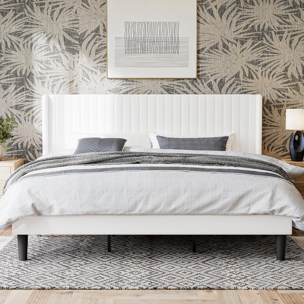GOLDORO King Size Platform Bed Frame, Velvet Upholstered, Vertical Channel Tufted Wingback Headboard, Wooden Slats Support, No Box Spring Needed, Easy Assembly, White