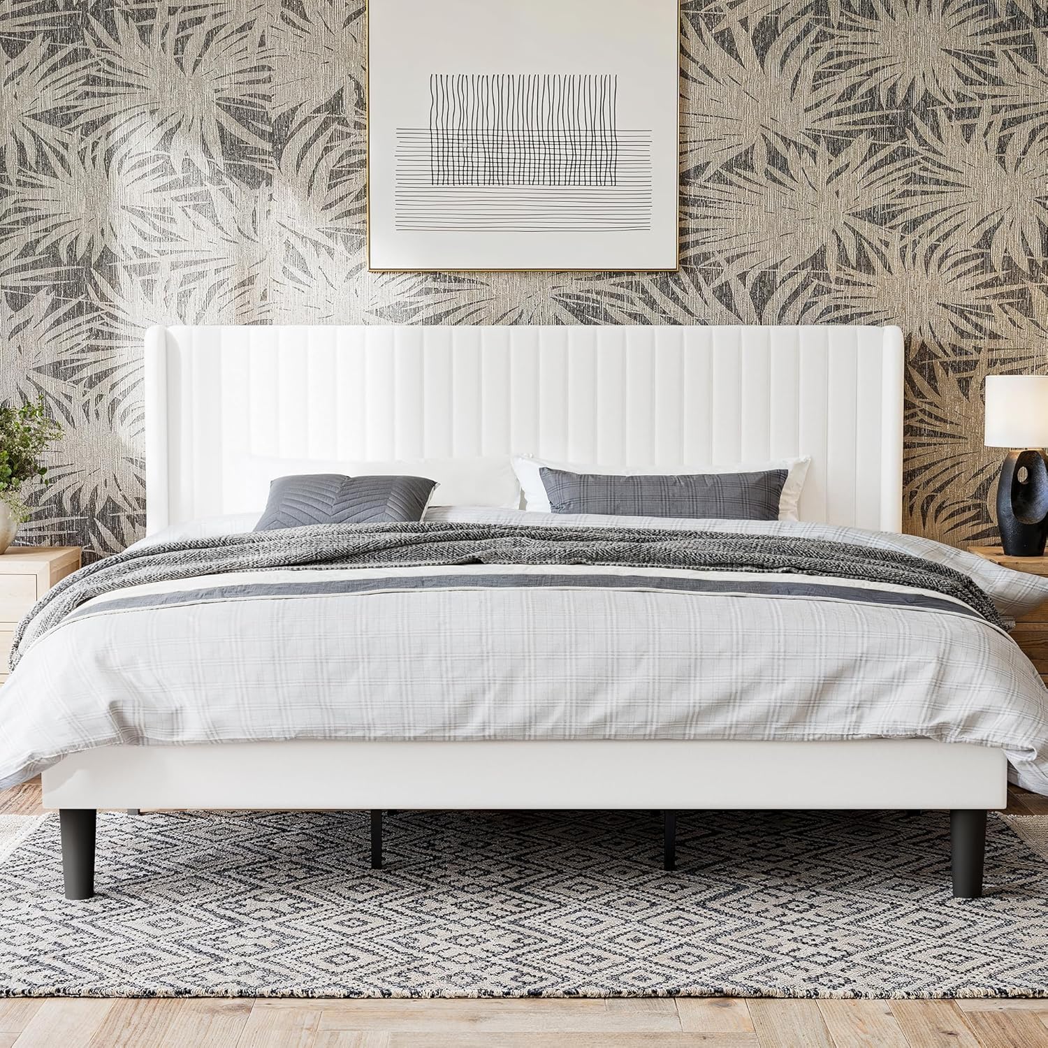 GOLDORO King Size Platform Bed Frame, Velvet Upholstered, Vertical Channel Tufted Wingback Headboard, Wooden Slats Support, No Box Spring Needed, Easy Assembly, White