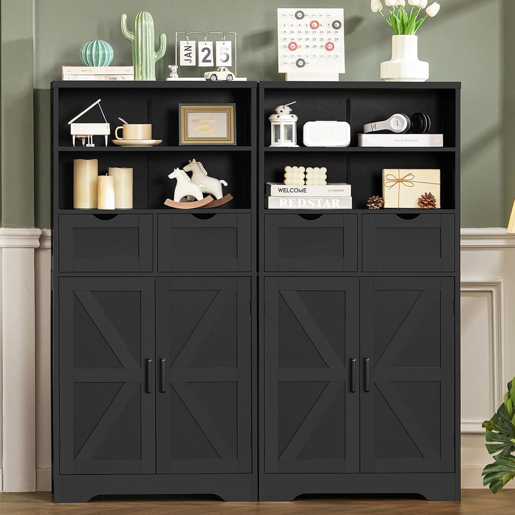 TEENFON Storage Cabinet with Doors & 2 Drawers, Kitchen Cabinet with Adjustable Shelf, Pantry Cabinets, Bathroom Cabinets, for Living Room, Entryway, Home Office, Black