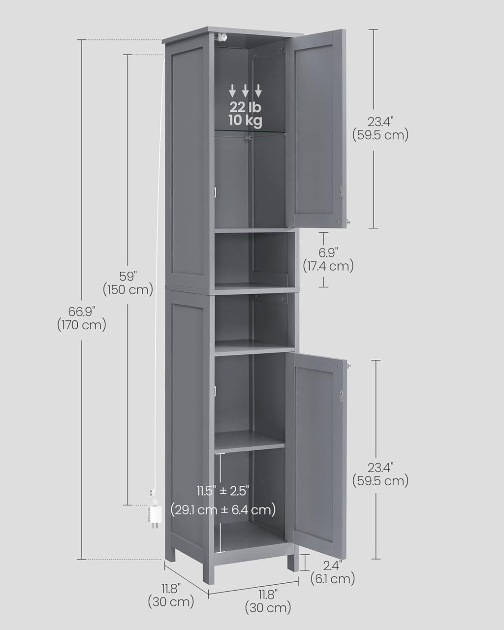 VASAGLE Tall Storage Cabinet with Lights, Slim Freestanding Cabinet with Adjustable Shelves, for Small Spaces, Bathroom, Living Room, Modern, 11.8 Inches Wide, Dove Gray UBBC566G02