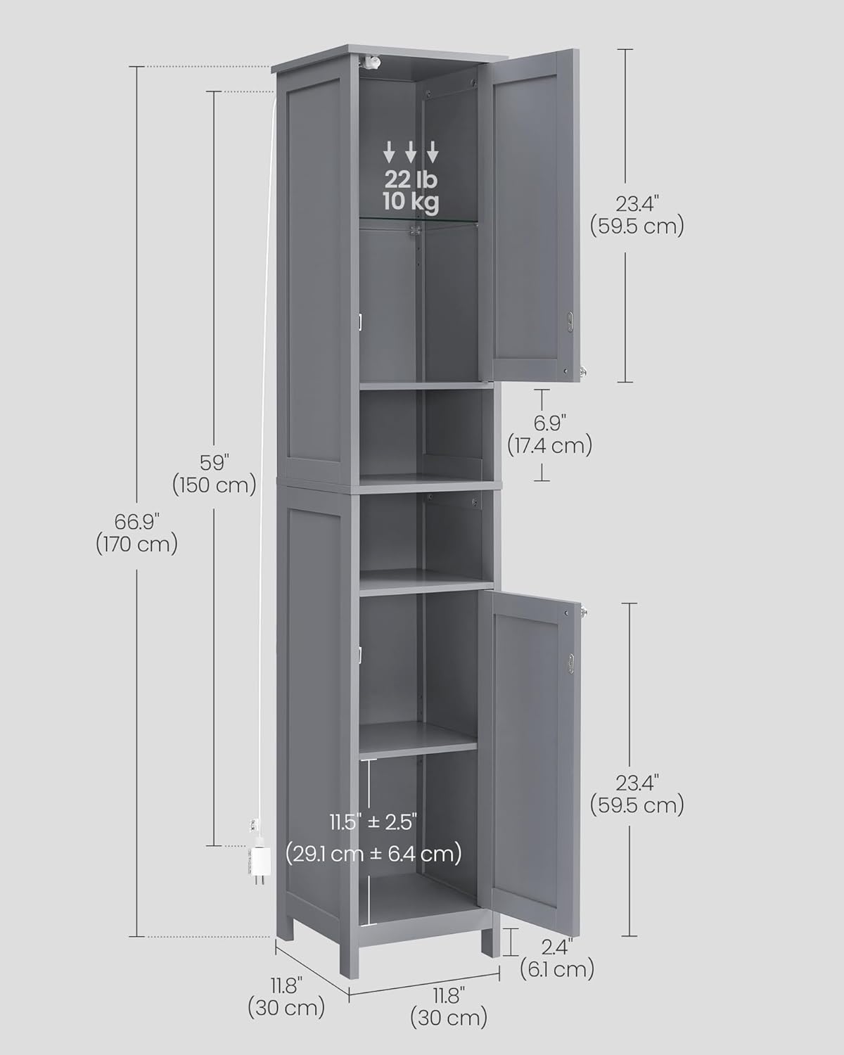 VASAGLE Tall Storage Cabinet with Lights, Slim Freestanding Cabinet with Adjustable Shelves, for Small Spaces, Bathroom, Living Room, Modern, 11.8 Inches Wide, Dove Gray UBBC566G02