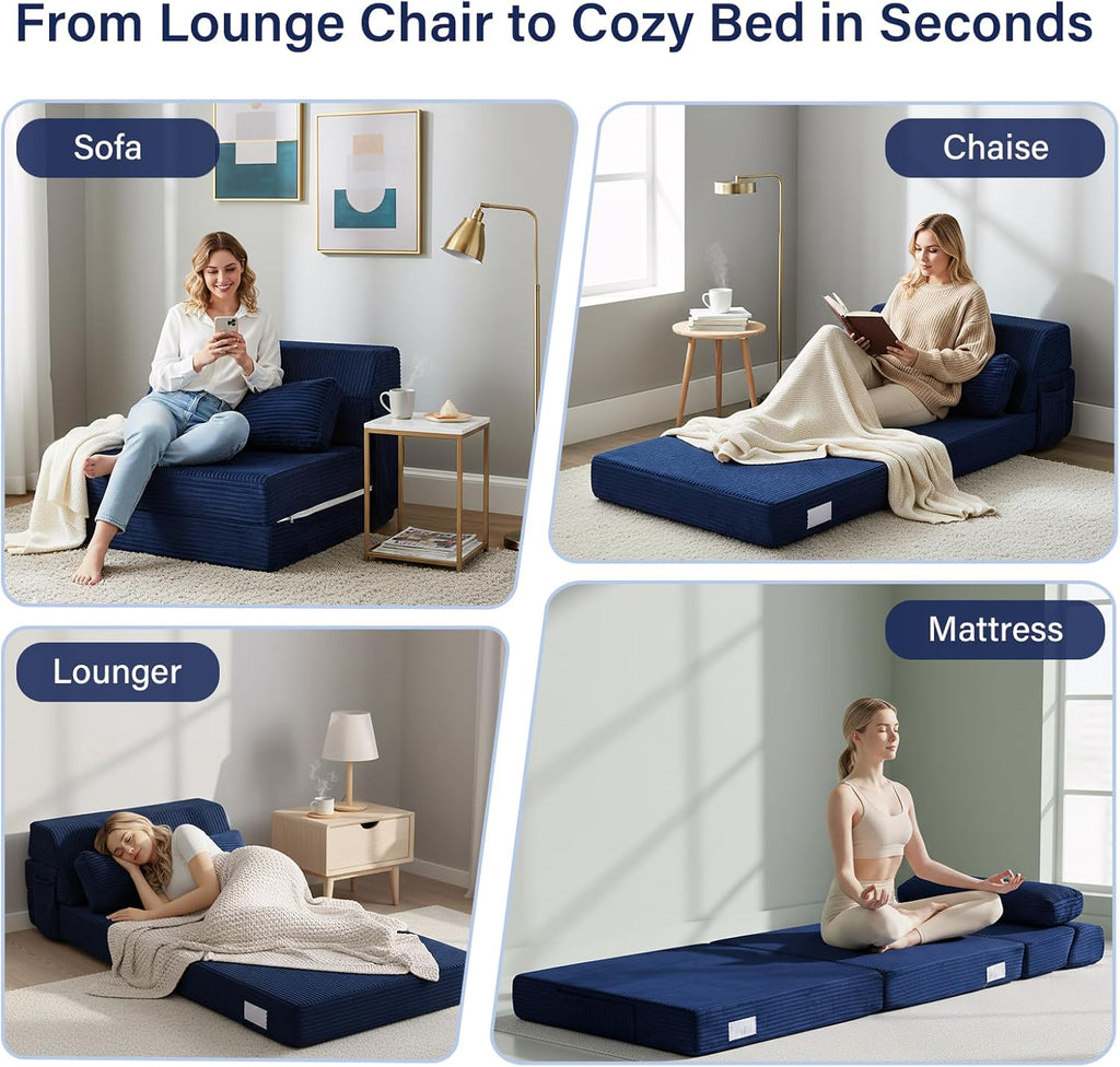 Folding Sofa Bed with Pillow, Convertible Sleeper Chair, Comfy Floor Futon Couch Mattress Lounge Sofa for Adults Portable Fold Out Chair Bed for Living Room Bedroom, Single, Navy Blue