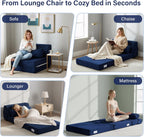 Folding Sofa Bed with Pillow, Convertible Sleeper Chair, Comfy Floor Futon Couch Mattress Lounge Sofa for Adults Portable Fold Out Chair Bed for Living Room Bedroom, Single, Navy Blue