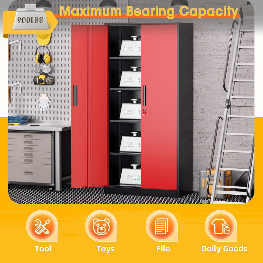 Greenvelly Metal Storage Cabinet, Steel Garage Cabinet with Doors and Adjustable Shelves, Metal Cabinet with Lock,Tall Metal Office Storage Cabinet for Garage,Home Office,School (Black Red)
