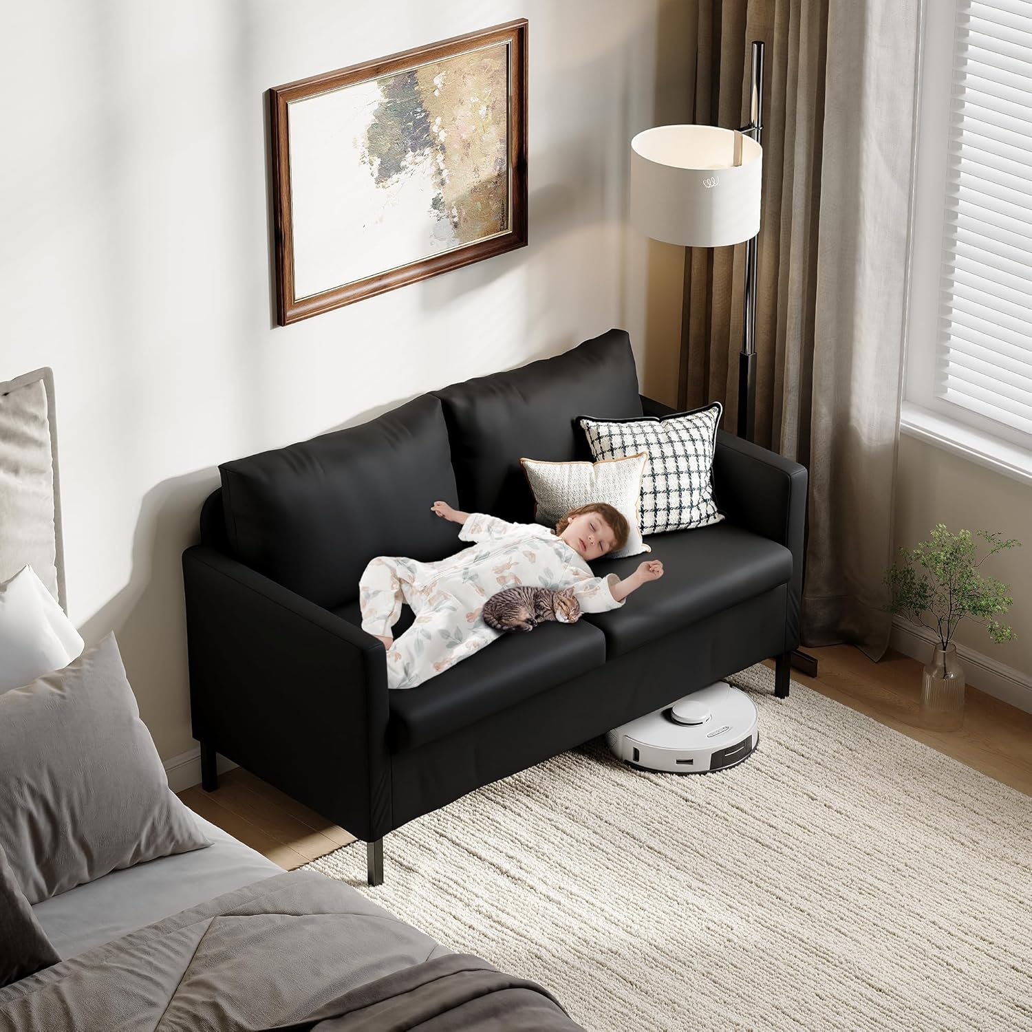 TYBOATLE Faux Leather Modern Small Couches for Small Spaces, Comfy Upholstered Love Seat for Bedroom, 2 Seater Mini Couch for Apartment, Dorm, Office, Black