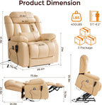 Power Lift Recliner Chair with 8-Point Massage & Heat, Dual Remote, USB/Type-C Ports, Easy-Clean Leather, Width 19.7" (Leather, Beige)