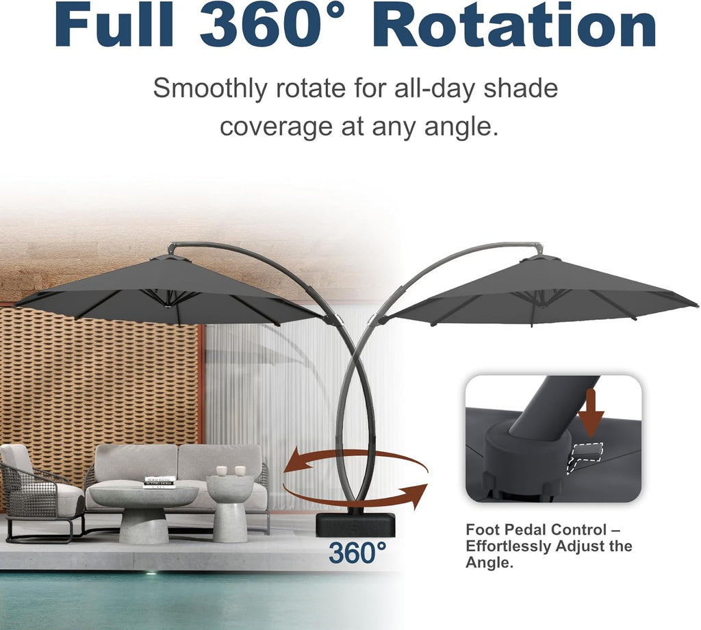 12FT Cantilever Umbrella with Base Large Curvy Outdoor Aluminum Offset Umbrella w/ 360° Rotation  UV Resistant Canopy for Patio  Garden  Backyard  Grey