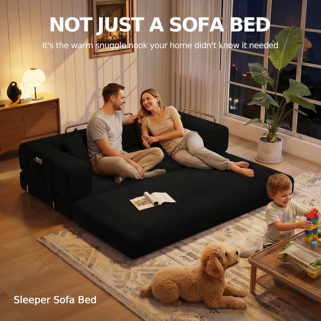 MoonSpeak 78.8''Sleeper Couch Bed for Livingroom .Convertible Modular Sofa with Armrest Pillow .Modular Fldable Corduroy Couches in a Box,No Assembly (Black)