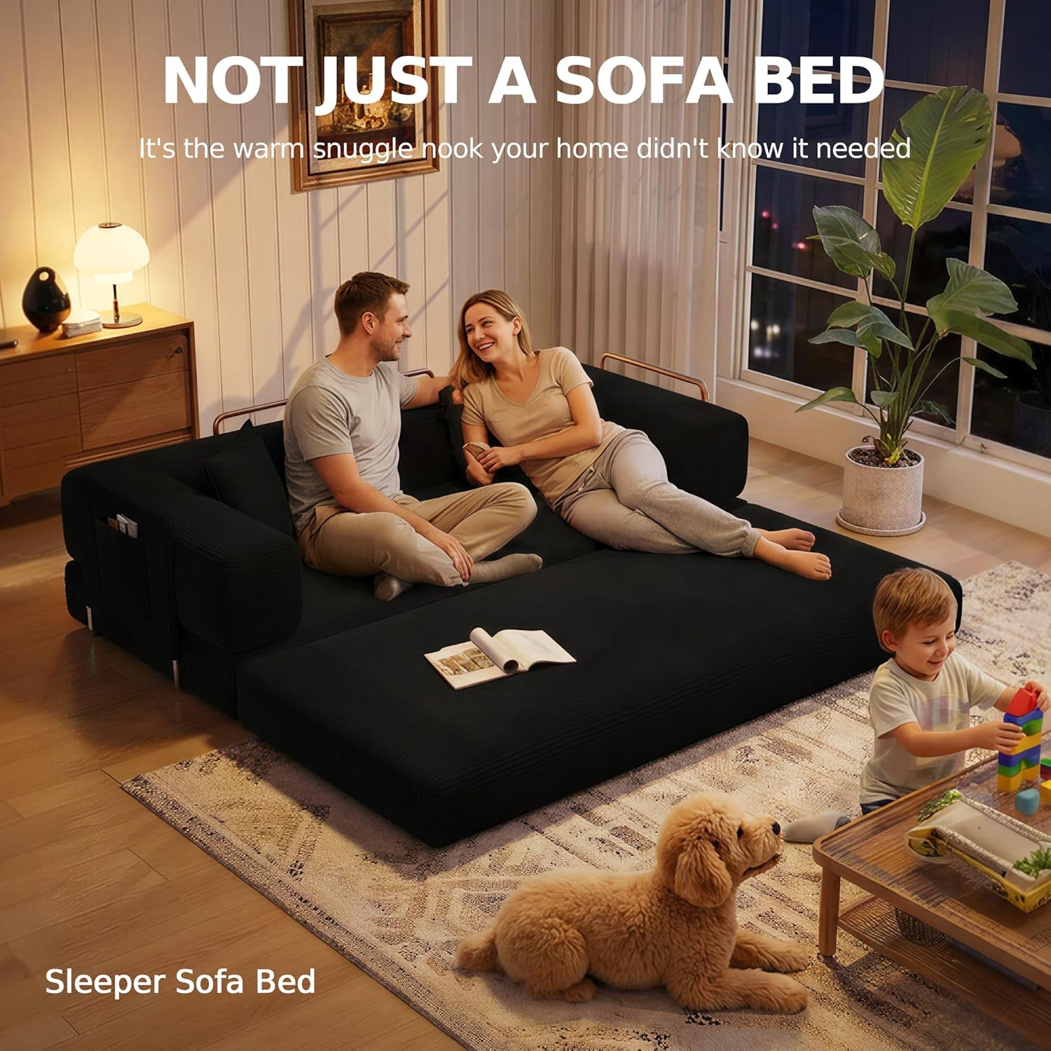 MoonSpeak 78.8''Sleeper Couch Bed for Livingroom .Convertible Modular Sofa with Armrest Pillow .Modular Fldable Corduroy Couches in a Box,No Assembly (Black)