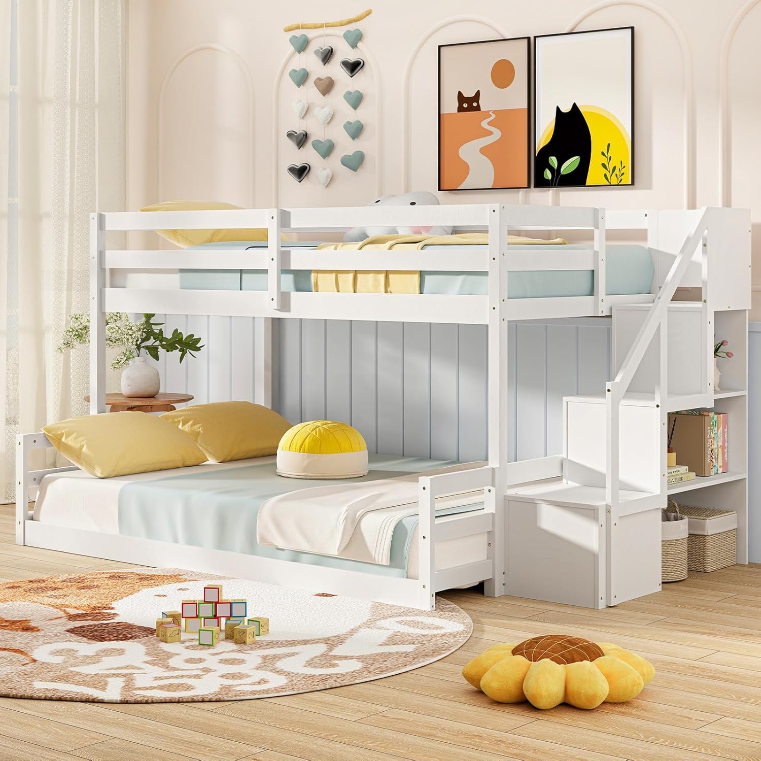 Giantex Twin Over Full Bunk Bed with Stairs, Solid Wood Floor Bunk Bed with Storage Staircase & Full-Length Guardrails, Low Bunk Bed with for Kids, Teens, Adults, Dorm, Small Space, White