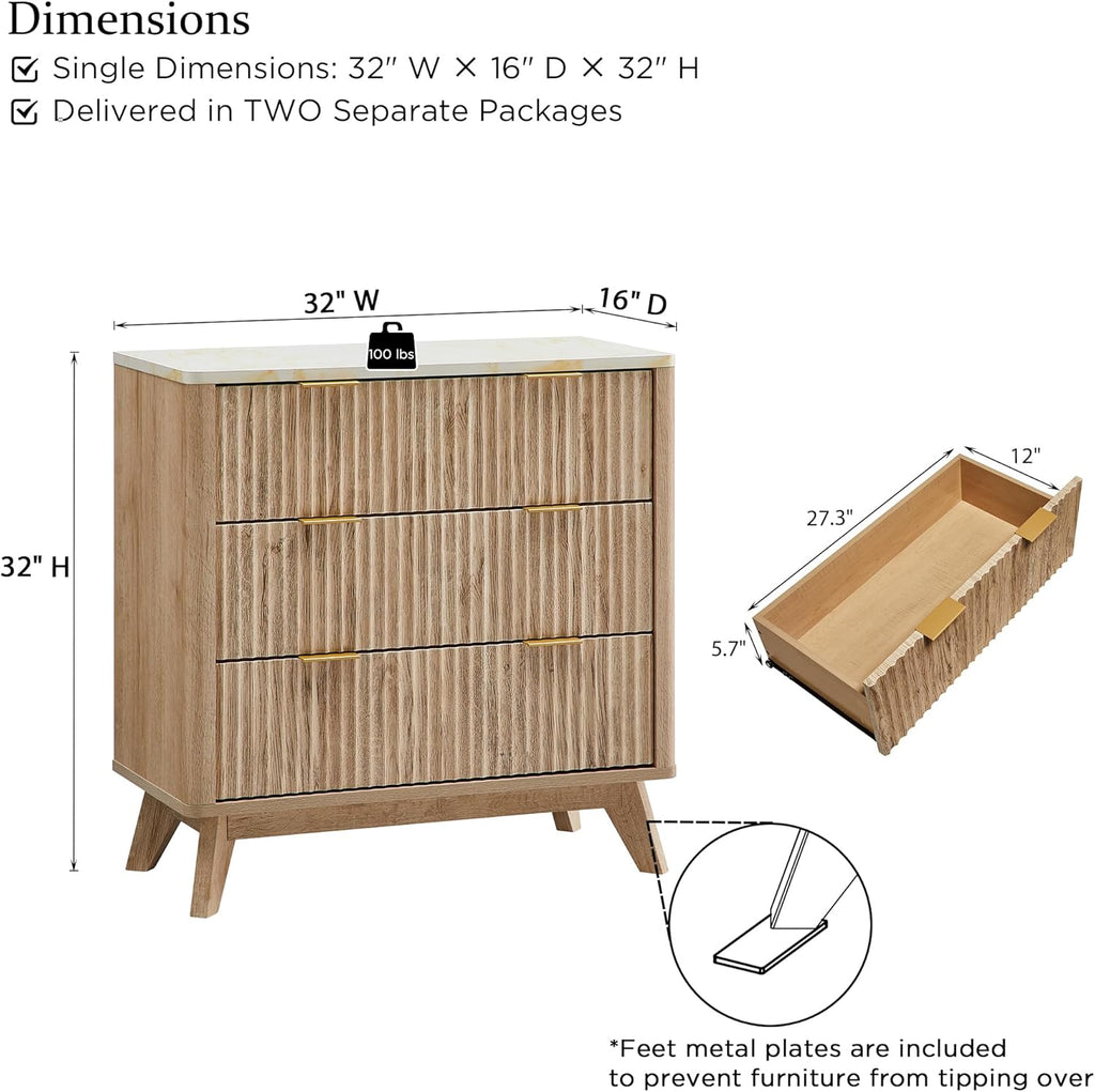 T4TREAM Set of 2 Fluted 3 Drawer Dresser, 32" Tall Modern Chest of Drawers with Faux Marble Top, Curved Profile Design, Wood Organizer for Bedroom, Living Room, Hallway, Entryway, Natural Oak