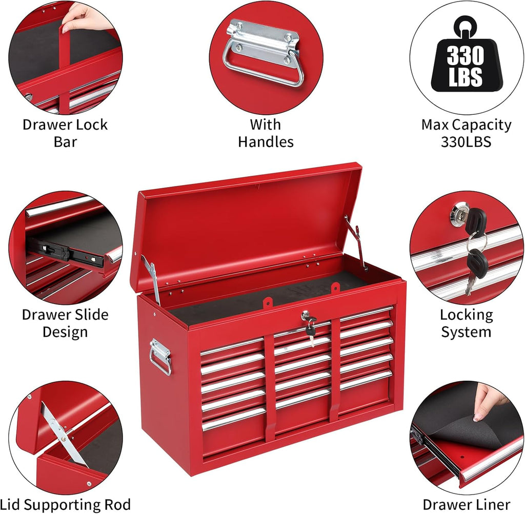 Winado 24" Metal Tool Box, Portable 5 Drawers Toolbox with Top Storage Tray, Carry Handle, Ball Bearing Runners, Lockable Tool Chest Cabinet for Garage, Warehouse, Repair Shop & Home, Red