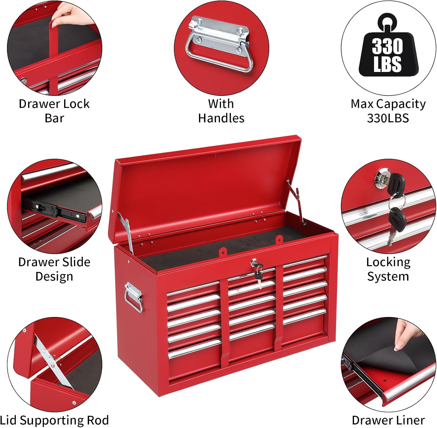 Winado 24" Metal Tool Box, Portable 5 Drawers Toolbox with Top Storage Tray, Carry Handle, Ball Bearing Runners, Lockable Tool Chest Cabinet for Garage, Warehouse, Repair Shop & Home, Red
