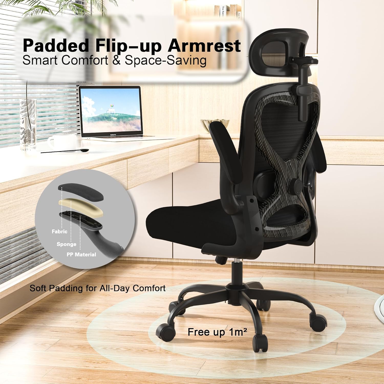 Office Chair for Back & Neck Pain Relief, Virgin Foam Seat, 2D Adjustable Lumbar & 3D Headrest, Flip-Up Armrests, Tilt & Rock for Relaxation, Black/Carbon Fiber