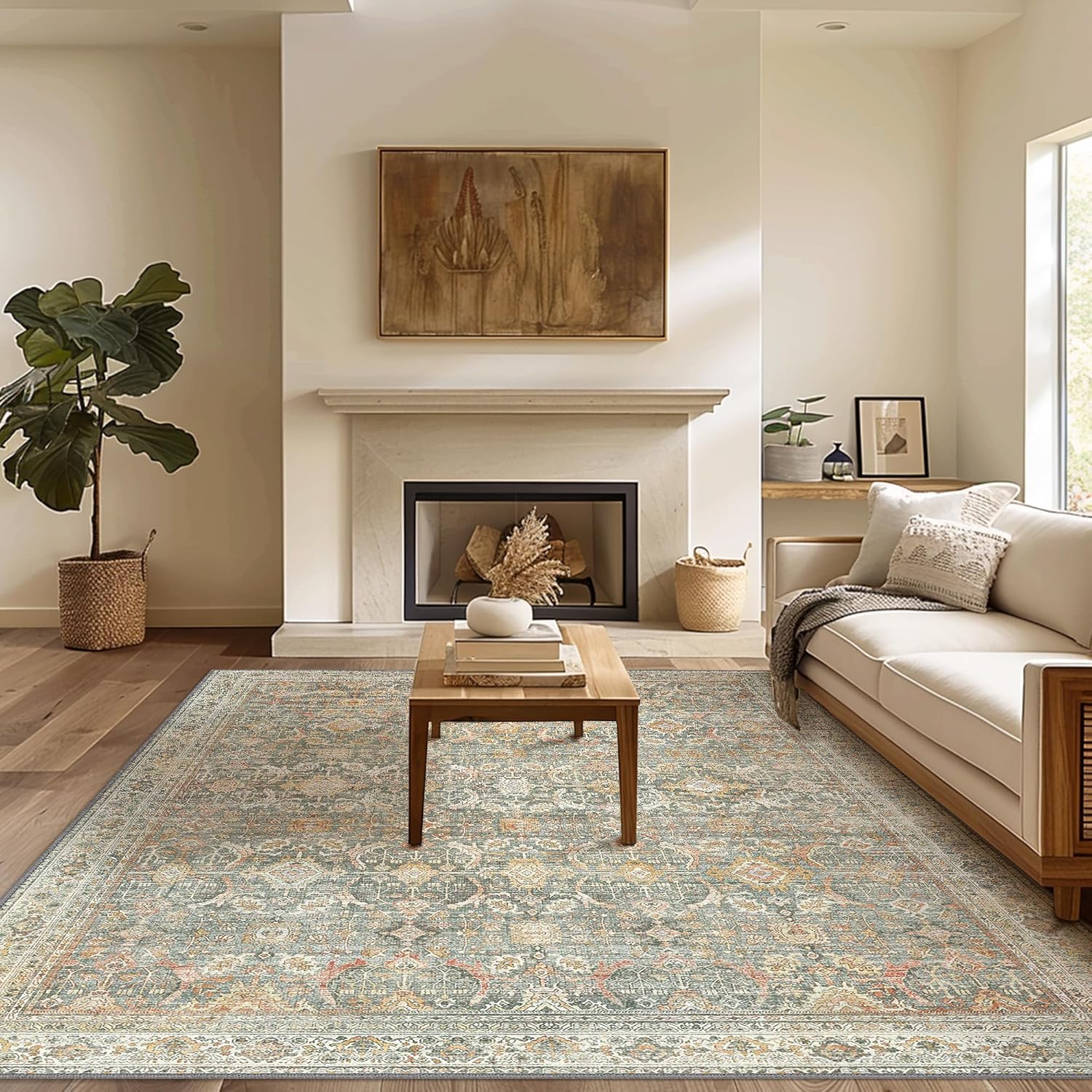 9X12 Amber Gold Area Rug, Vintage Boho Distressed Large Floor Rug, Machine Washable Non Slip Low Pile Lightweight Carpet for Living Room Bedroom Dining Room, Soft Indoor Home Decor