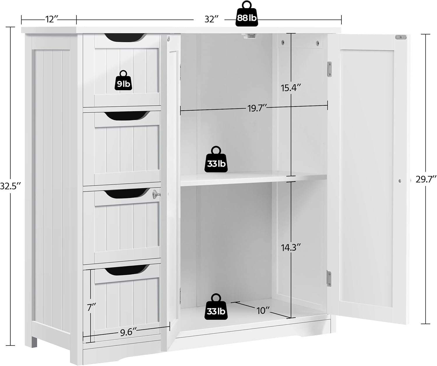 Yaheetech Wooden Bathroom Floor Cabinet, Side Storage Organizer Cabinet with 4 Drawers & Double Doors, Freestanding Entryway Storage Unit Console Table, Bathroom Furniture Home Decor, White