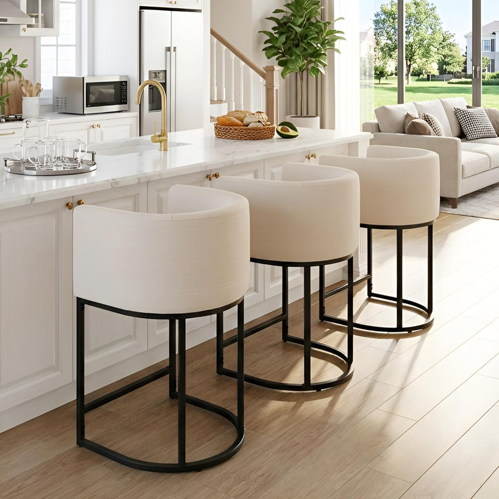 HNY Modern Counter Height Linen Fabric Upholstered Counter Stools Set of 3, 24 Inch Kitchen Island Stool with Black Tubular Frame, Cream