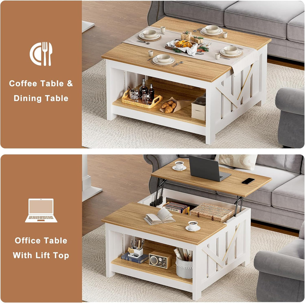 FABATO Lift Top Coffee Table, 31.5" Farmhouse Coffee Tables with Storage, Small Square Cocktail Tables, Wood Central Table for Living Room, Meeting Room, White