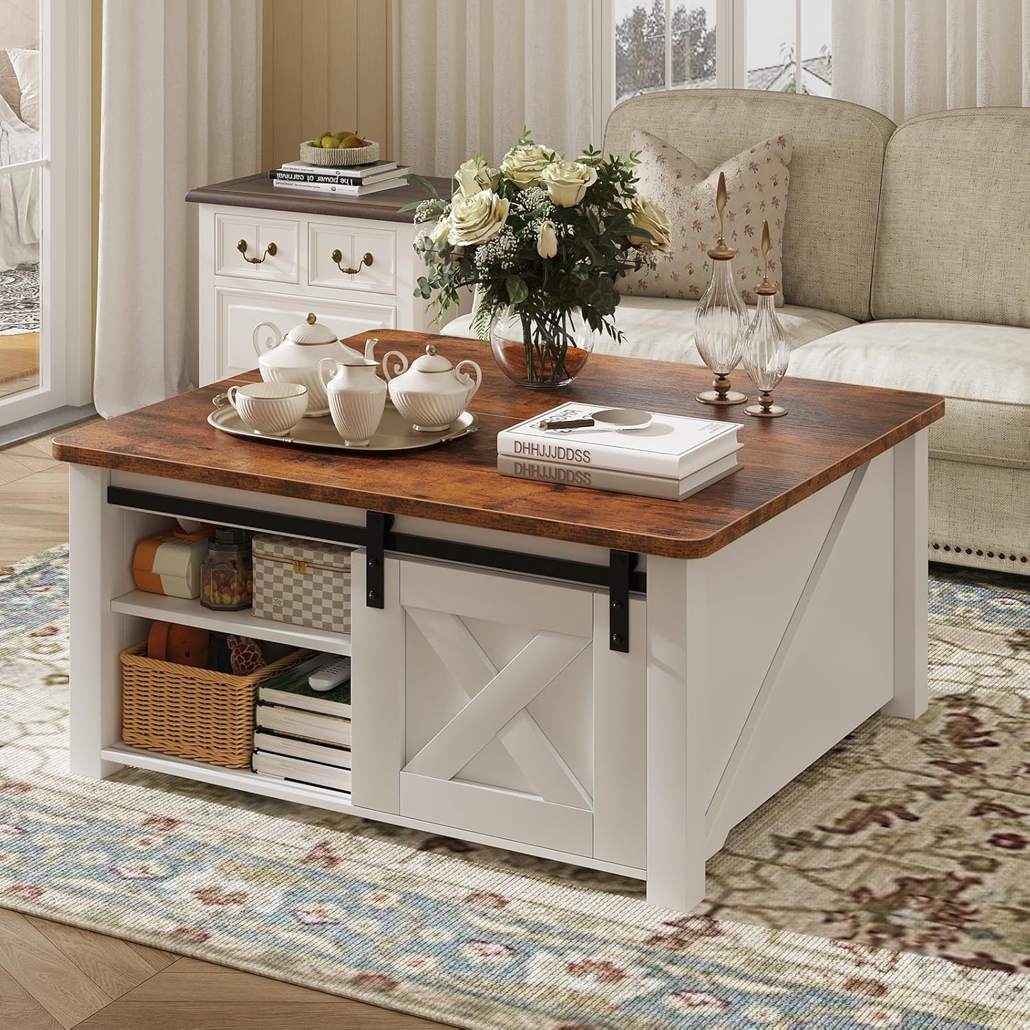 DUMOS Coffee Table, Lift Top Center Table with Storage, Square Living Room Tables with Adjustable Shelves, Wooden Center Coffee Table with Hidden Storage Compartment, White