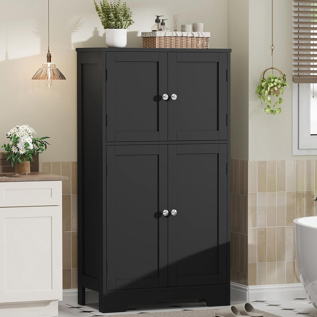 TEENFON Storage Cabinet, Rattan Cabinets with 2 Adjustable Shelves & 4 Doors, Bathroom Cabinet, Cupboard, Floor Cabinets for Living Room, Entryway, Kitchen, Home Office, Black
