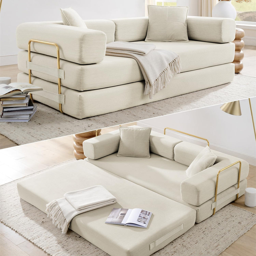Convertible Folding Sofa Bed, Modern Futon Sleeper Sofa Fold Out Couch Bed with Gold Fixed Frame, Modular Floor Sofas Comfy Corduroy Boneless Couches for Living Room (78" Beige)