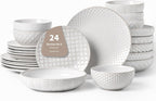 FOBENTA 24-Piece Ceramic Dinnerware Set,Large Plates and Bowls Set for 6,Elegant Dish Set for Families & Entertaining–Microwave & Dishwasher Safe Tableware (Double Bowl)