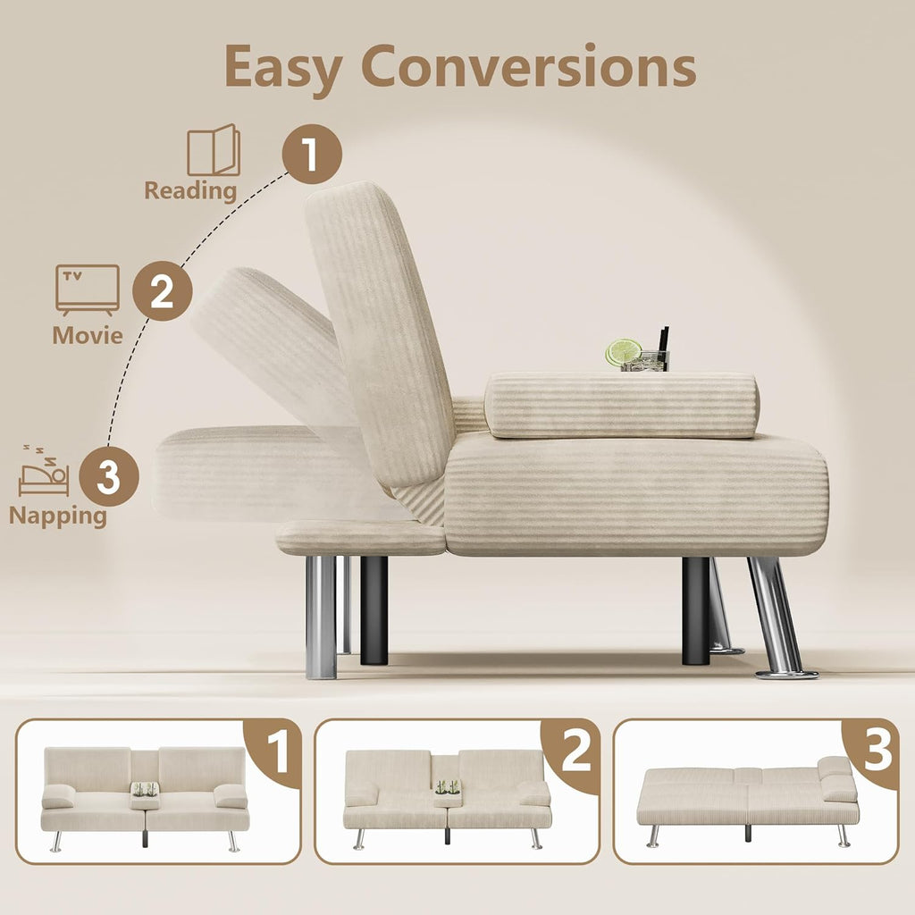 Flamaker Futon Sofa Bed Corduroy Folding Couch Adjustable Sleeper Sofa Bed for Small Apartment Upholstered Living Room Furniture Set with 2 Cup Holders Removable Armrests (Corduroy, Beige)