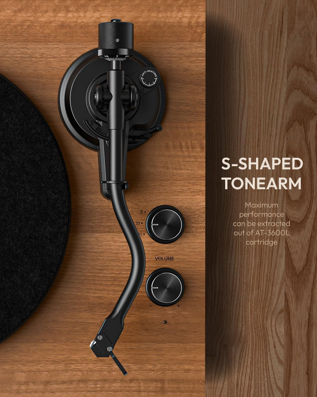 SoulBox S1 Vinyl Record Player with Stereo Speakers  Turntable with Built-in Preamp  S-Shaped Tonearm  33/45 RPM - Walnut