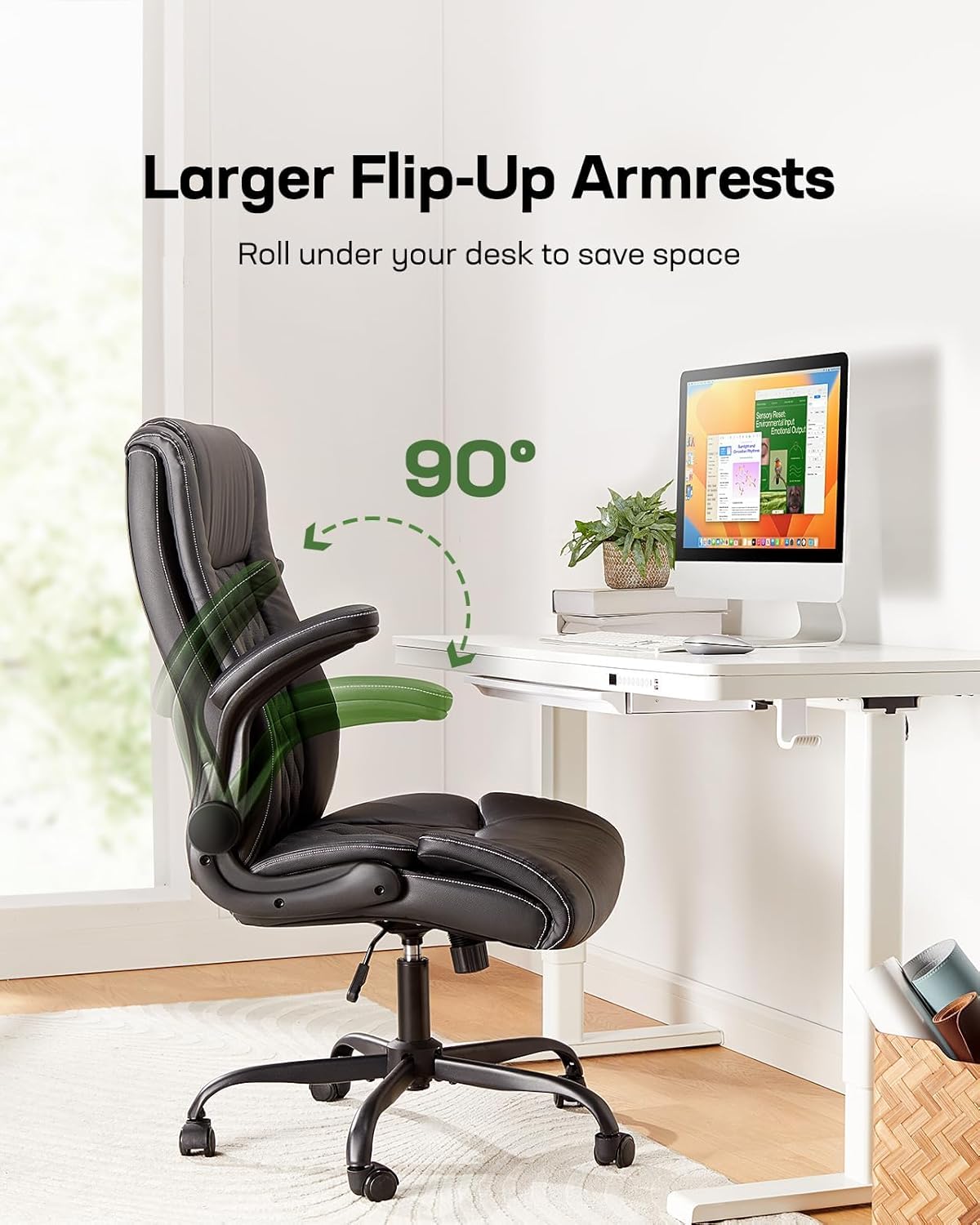 Marsail Executive Office Chair with Flip-up Armrests,PU Leather Ergonomic Desk Chair Height-Adjustable Swivel Rolling Desk Chair (Dark)
