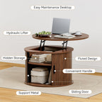 FABATO Round Lift Top Coffee Table, Fluted Wood Accent Coffee Table with Hidden Storage and Open Shelves, Drum Table with Sliding Rolling Door, Small Center Table Dining Table for Living Room, Walnut