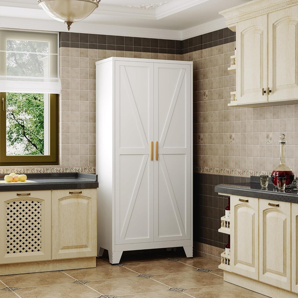 QINPTWUT 71" Storage Cabinet with Doors and Shelves, Tall Pantry Cabinet in White with 2 Doors & 4 Adjustable Shelves, All-Steel Farmhouse Cupboard for Kitchen, Living Room,Home Office,Garage