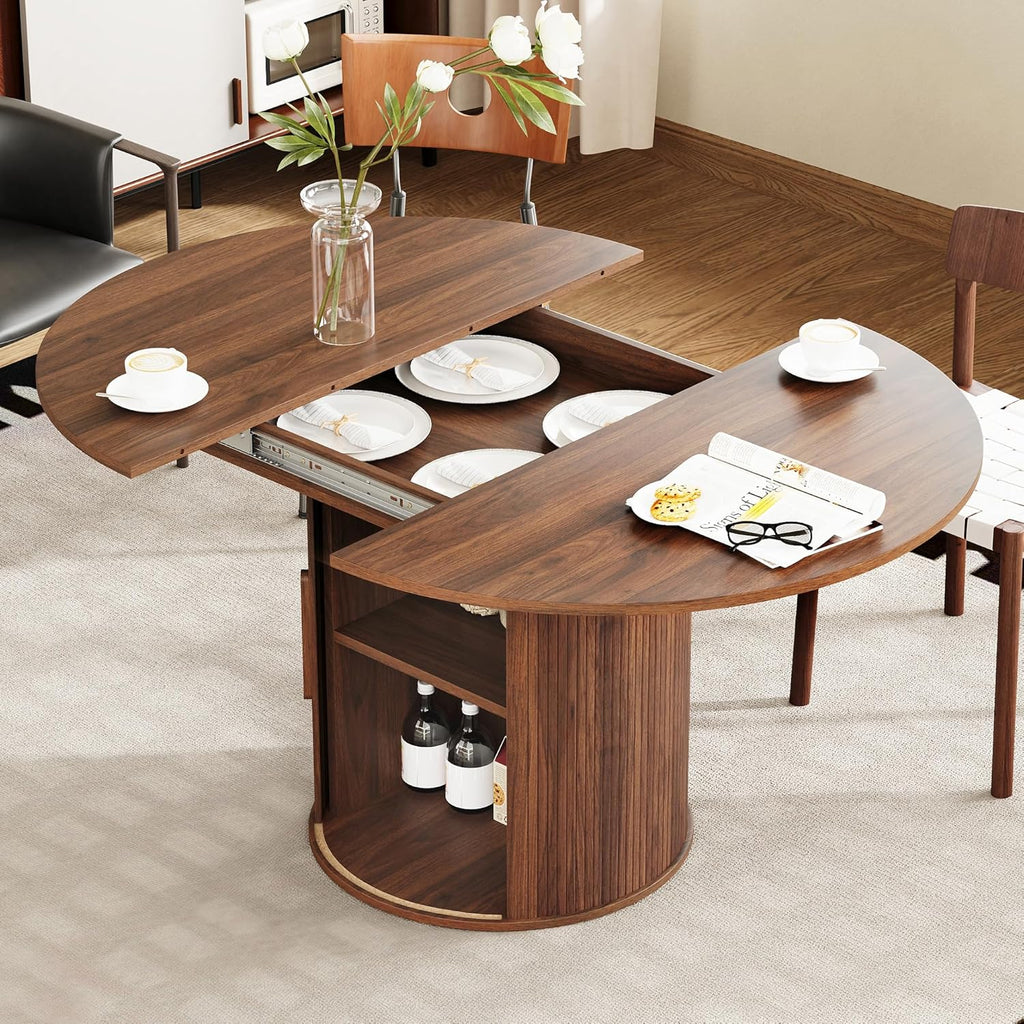 43"-59" Extendable Round to Oval Dining Table with Hidden Storage, Modern Wooden Kitchen Table with Fluted Sliding Door Cabinet, Expandable Dinner Table for Dining Room Living Room (Walnut)