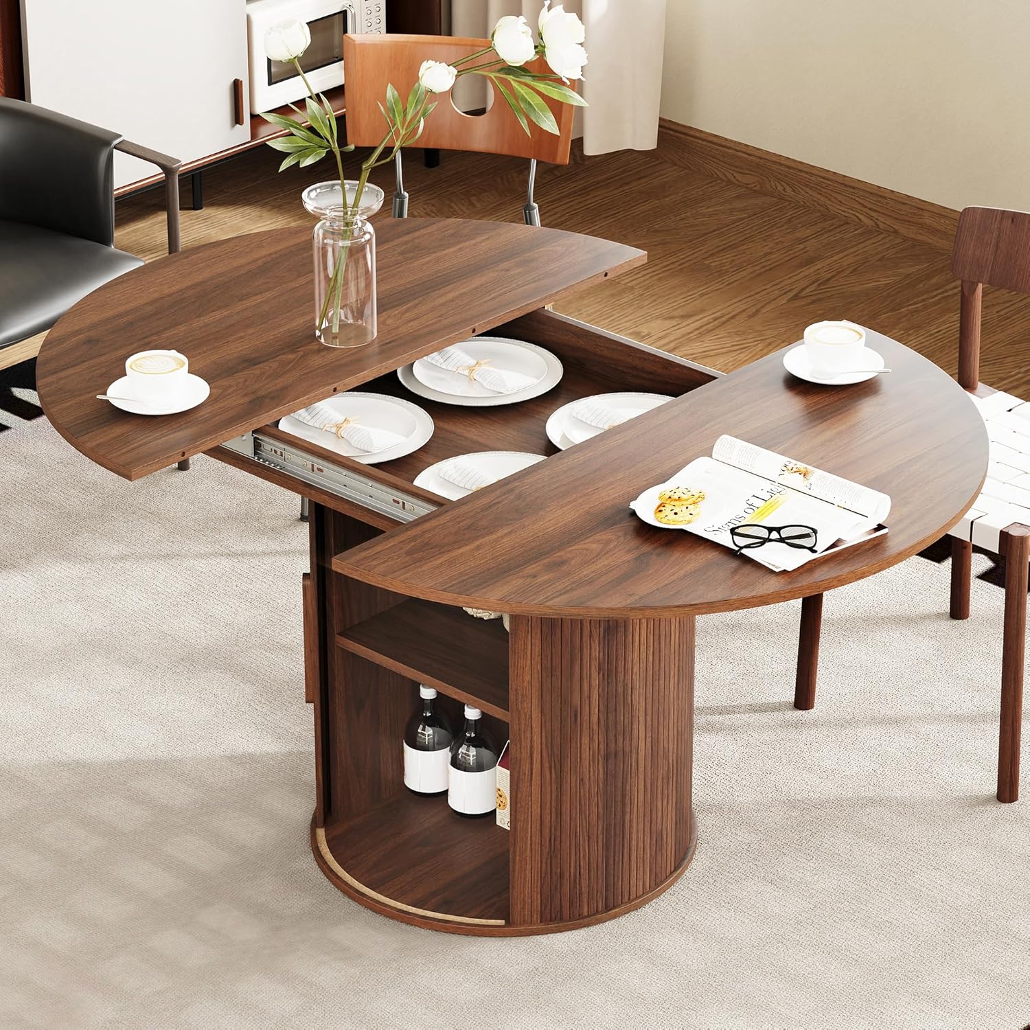43"-59" Extendable Round to Oval Dining Table with Hidden Storage, Modern Wooden Kitchen Table with Fluted Sliding Door Cabinet, Expandable Dinner Table for Dining Room Living Room (Walnut)