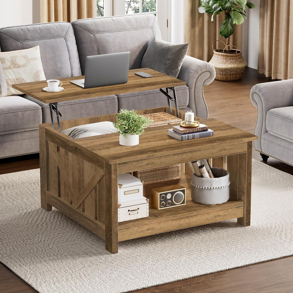 FABATO Lift Top Coffee Table, 31.5" Farmhouse Coffee Tables with Storage, Small Square Cocktail Tables, Wood Central Table for Living Room, Meeting Room, Retro Oak