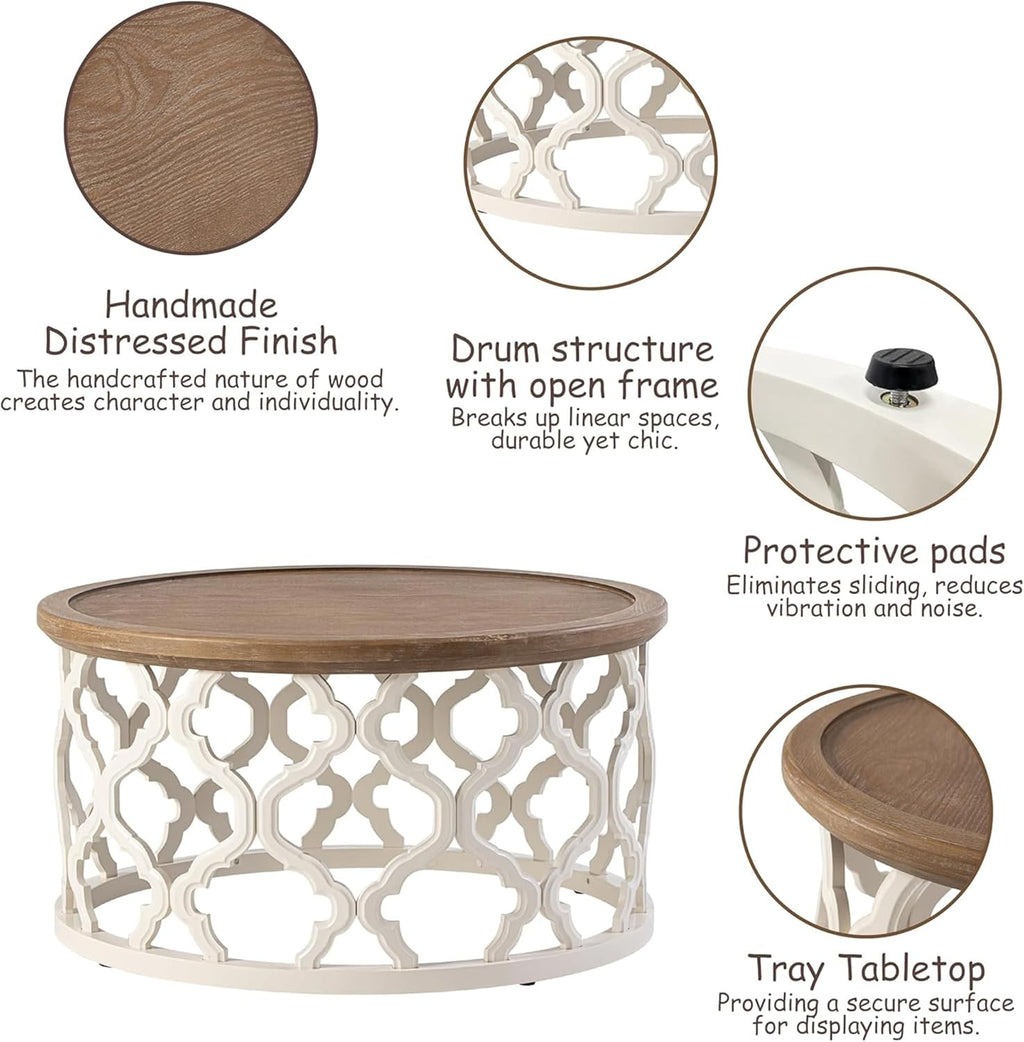 COZAYH Farmhouse Round Coffee Table, Distressed Wood Tray Top with Curved Motif Base, Rustic Boho French Country Living Room Table, White