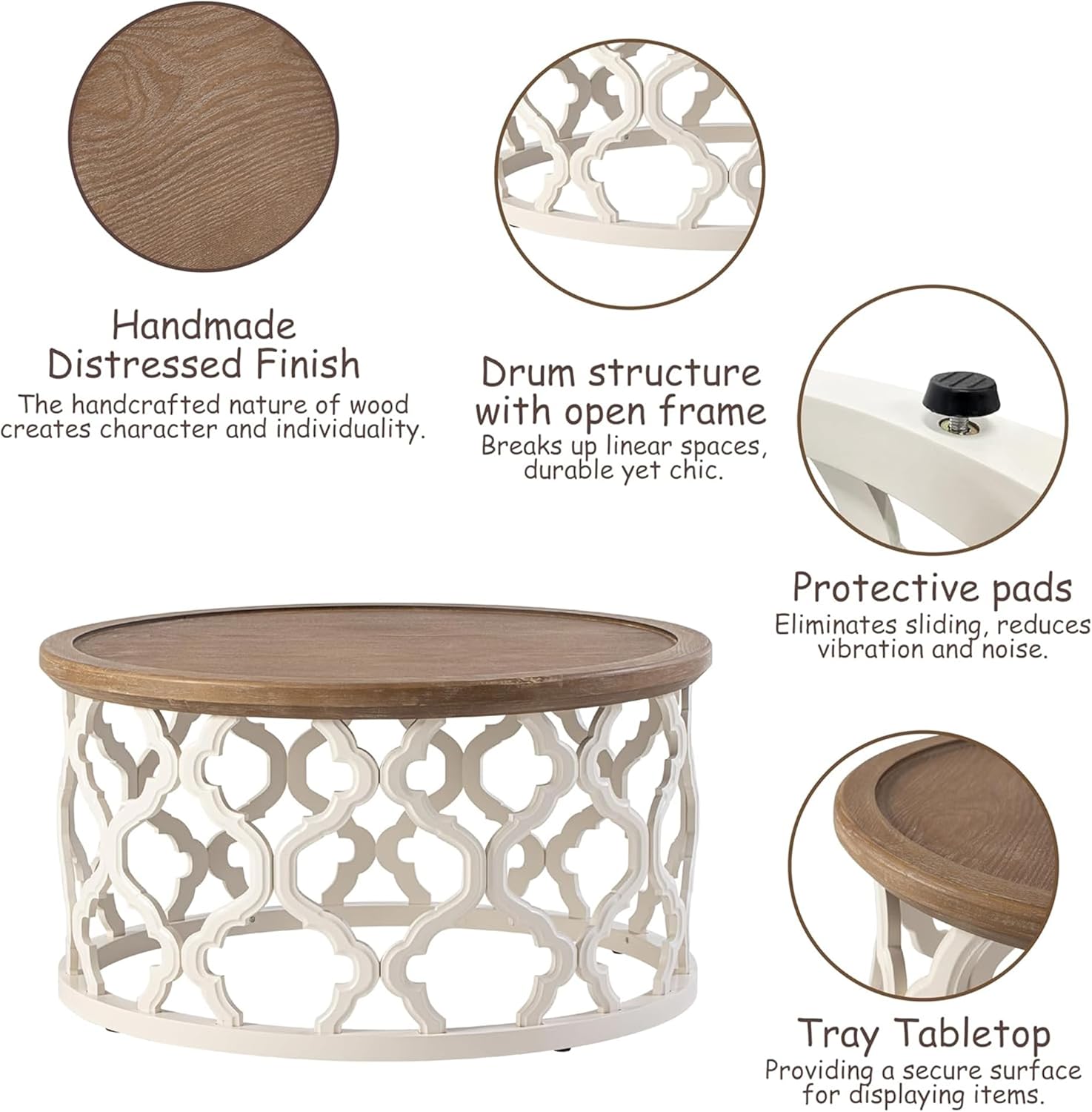 COZAYH Farmhouse Round Coffee Table, Distressed Wood Tray Top with Curved Motif Base, Rustic Boho French Country Living Room Table, White