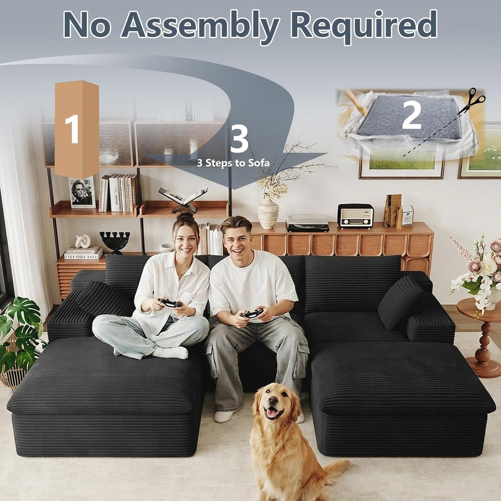107" Cloud Couch Modular Sectional Sofa for Living Room, U-Shape Boneless Couch with Deep Seat, Modern Upholstered Corduroy 3-Seater with Ottoman, No Assembly Required (Black,Left-Facing Chaise)
