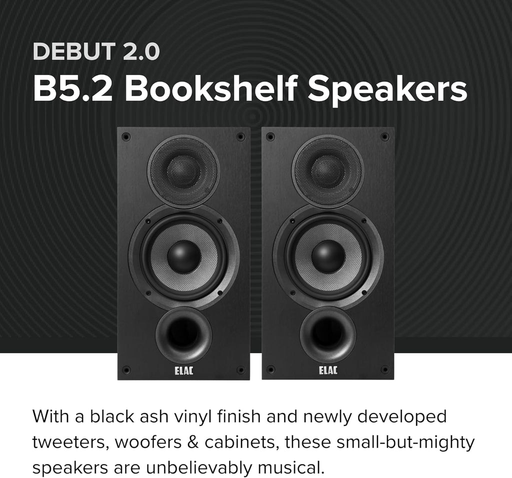 ELAC Debut 2.0 B5.2 Bookshelf Speakers  Black (Pair) - 1” Cloth Dome Tweeter & 5.25” Aramid Fiber Woofer - 2-Way Bass Reflex - Up to 35 000 Hz Response