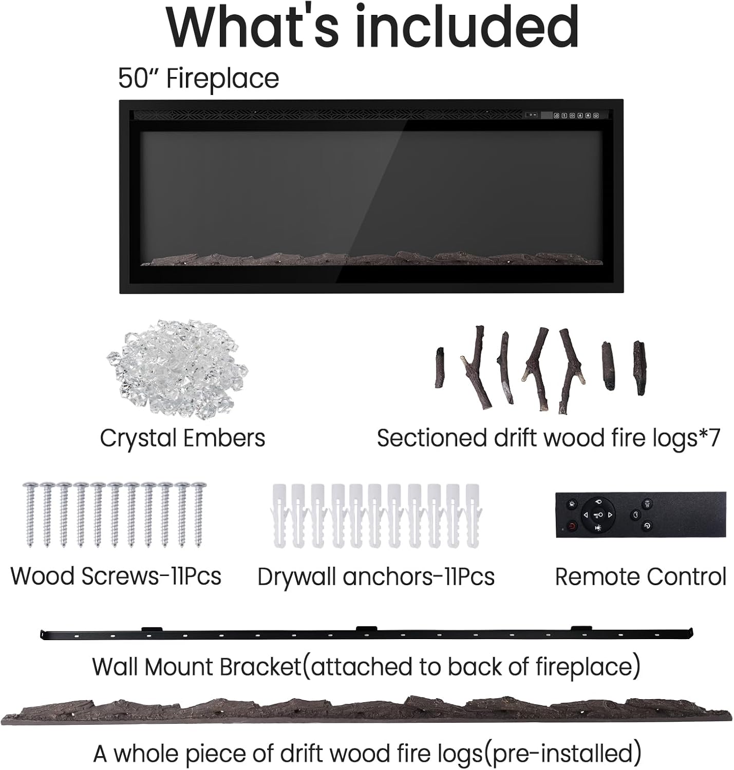 50” Smart Electric Fireplace with Voice Control, Realistic Flame, Crackling Sound, Wall Mounted or Recessed Fireplace Insert, App/Remote Control, Logs & Crystals Included for Living Room,Bedroom