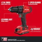 CRAFTSMAN V20 MAX Cordless Drill Driver and Impact Driver Set, Power Tool Set with 2 Batteries and Charger, LED Work Light, 2 Bits, Bag (CMCK200C2)